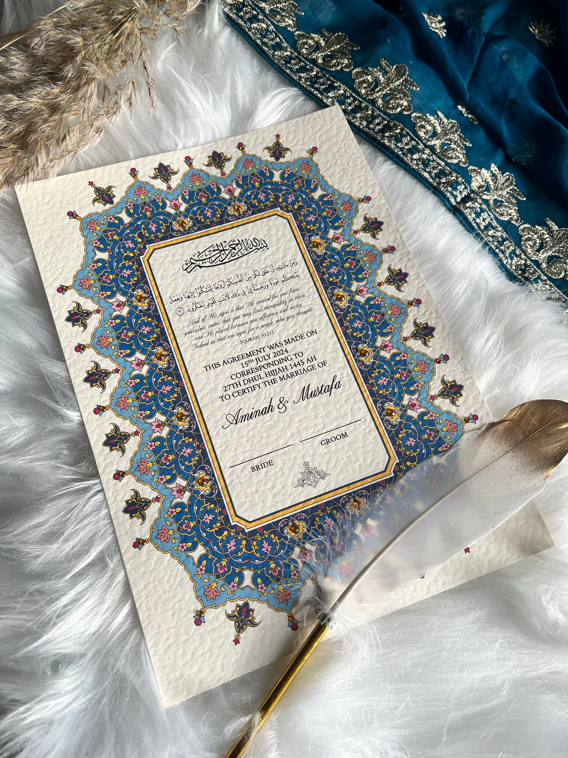 Luxury Blue Nikkah Certificate FREE Feather Pen Included