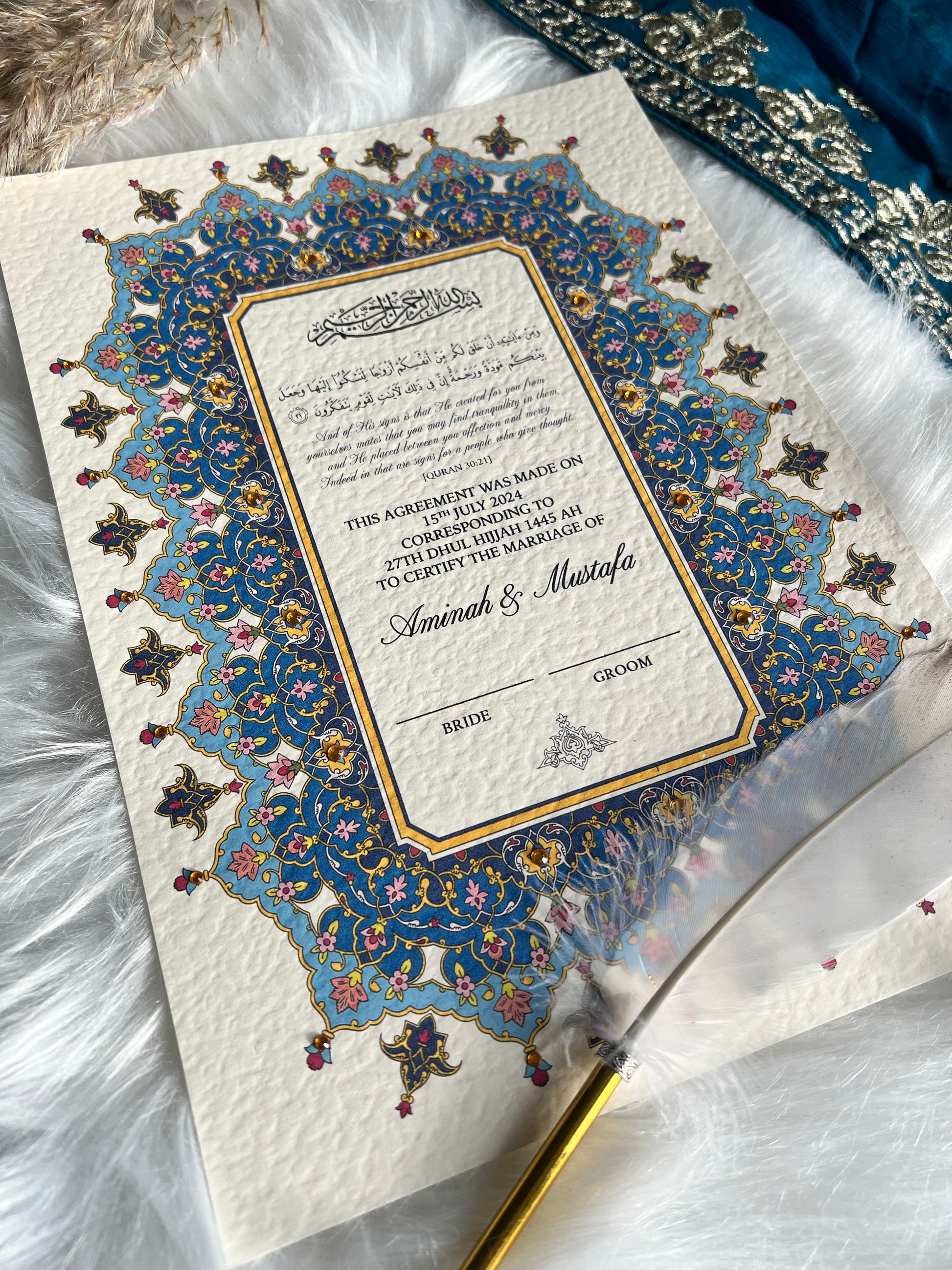 Luxury Blue Nikkah Certificate FREE Feather Pen Included