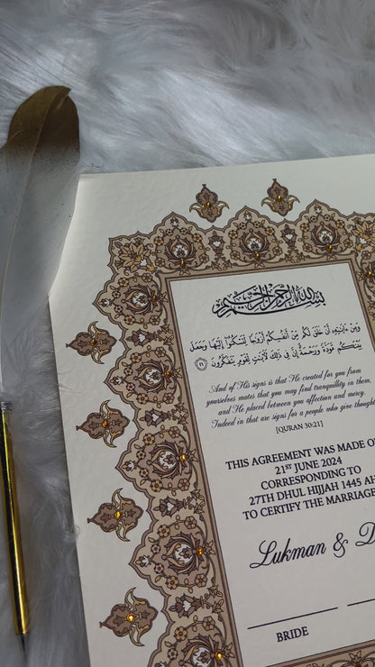 Gold Nikkah Certificate FREE Feather Pen Included